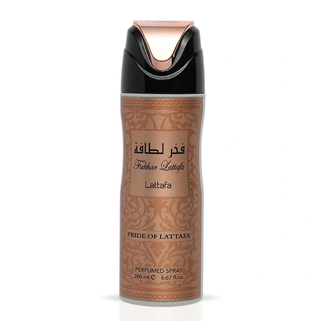 Fakhar Women Deodorant Spray by Lattafa, 200ml bottle showing the sleek design and branding on the spray can.