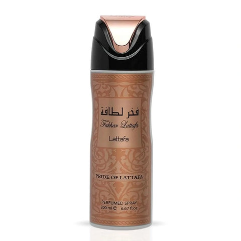 Fakhar Women Deodorant Spray by Lattafa, 200ml bottle showing the sleek design and branding on the spray can.