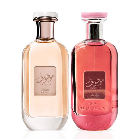 Ard Al Zaafaran Mousuf Daisy and Mousuf Wardi Eau de Parfum bundle with two 100ml spray bottles featuring floral and warm scents.