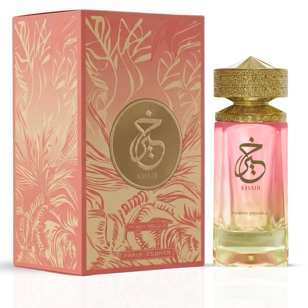 Khair Peach Delulu Eau de Parfum spray by Paris Corner, 100ml, featuring a sleek perfume bottle with a peach-colored liquid and modern design.
