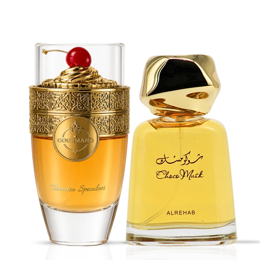 Bundle of Intense Oud Tiramisu Speculoos and Choco Musk Eau de Parfum sprays, 100ml each, with elegant bottle designs.