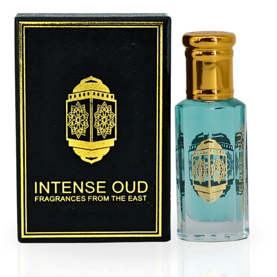 Crys Water Women Perfume Oil by Intense Oud in a 12ml black gift box, featuring a clear glass bottle with golden accents
