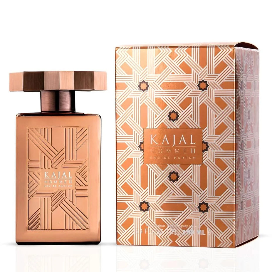 Kajal Homme II Eau de Parfum spray 100ml bottle showcasing sleek black packaging and silver accents.