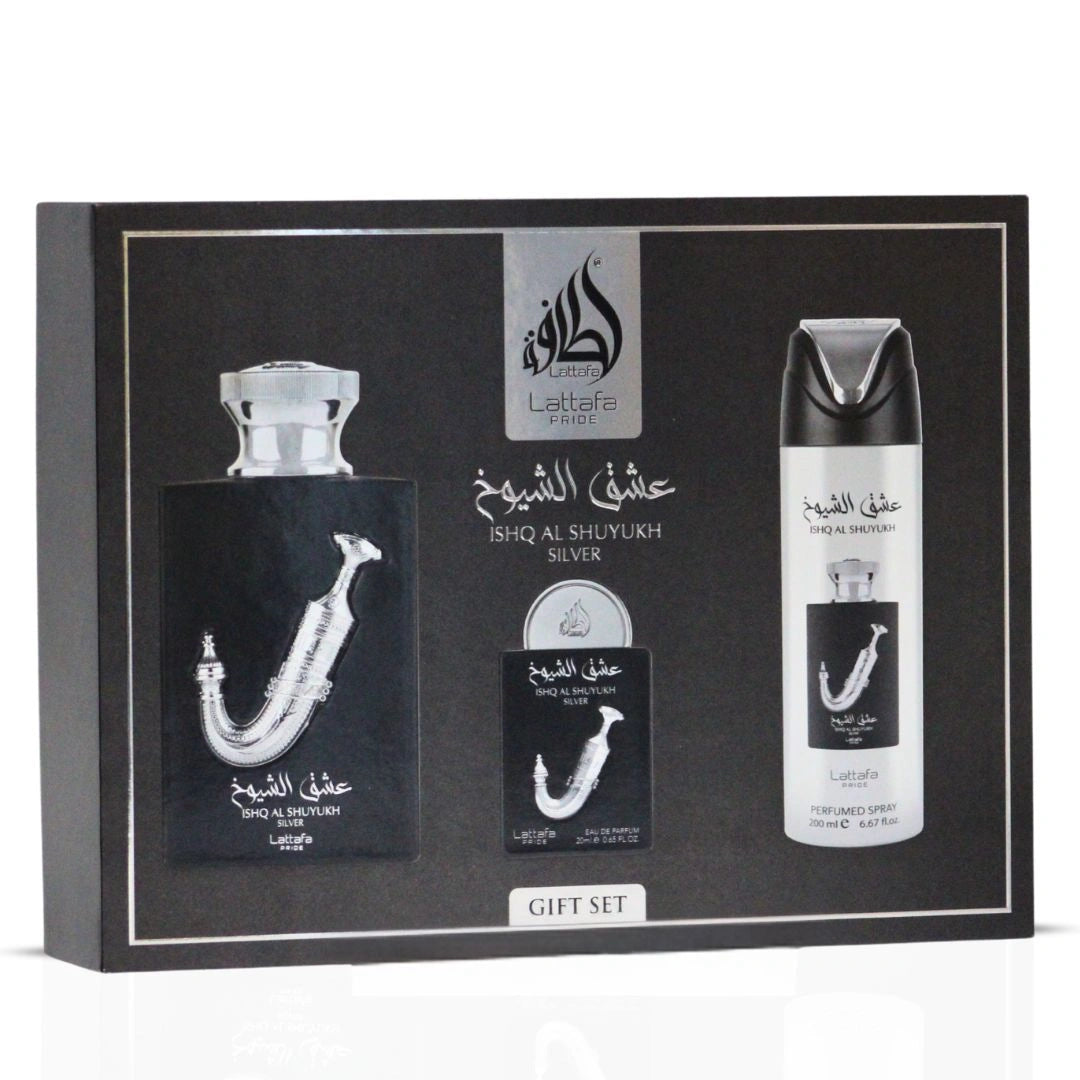 Lattafa Pride Ishq Al Shuyukh Silver 3-Piece Eau de Parfum Gift Set | A Solar Flare of Spice & Golden Woods (Gift Set) - Intense Oud