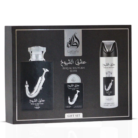 Lattafa Pride Ishq Al Shuyukh Silver 3-Piece Eau de Parfum Gift Set | A Solar Flare of Spice & Golden Woods (Gift Set) - Intense Oud