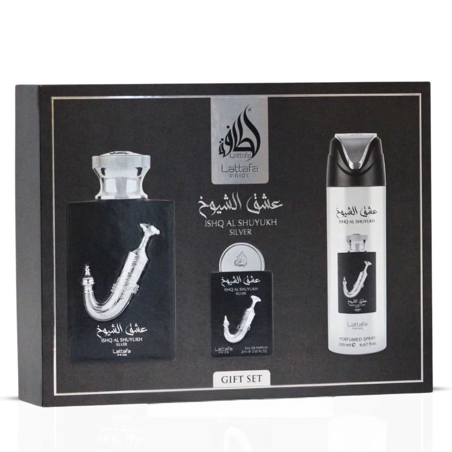 Lattafa Pride Ishq Al Shuyukh Silver 3-piece perfume gift set with elegant bottles and packaging, perfect for gifting.