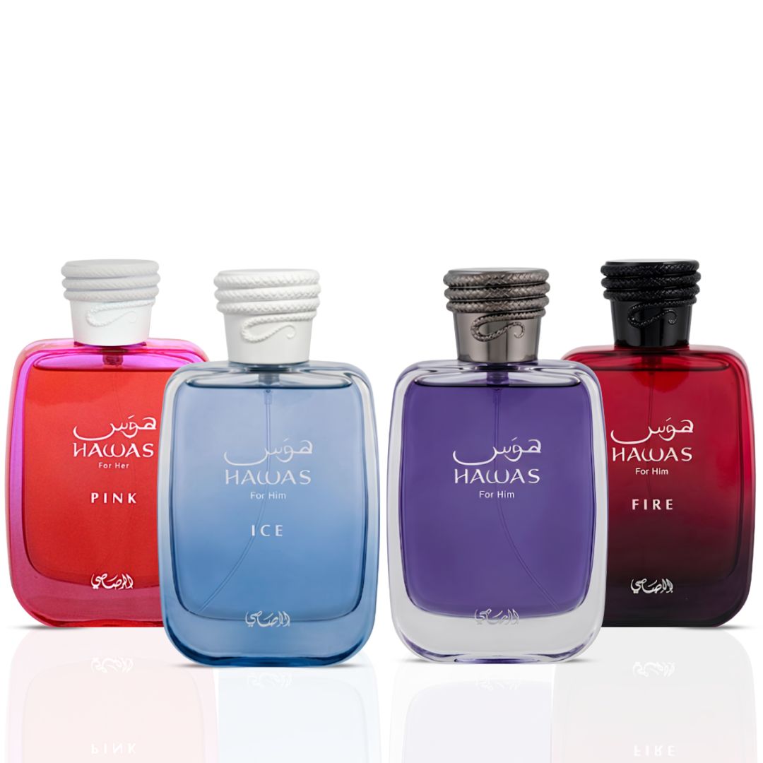 Rasasi Hawas Men Eau de Parfum bundle featuring Ice, Fire, and Pink scents in 100ml bottles, displayed together.