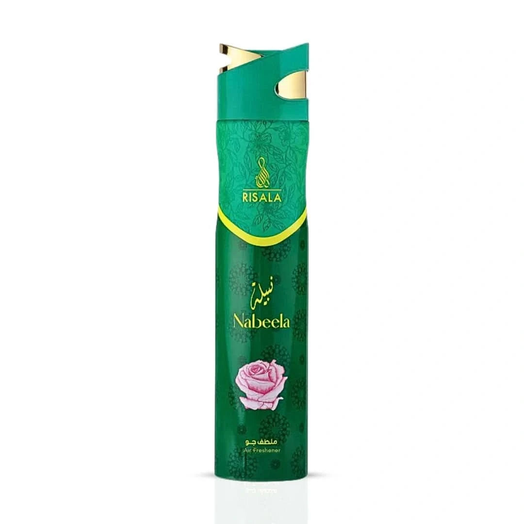 Risala Nabeela Air Freshener 300ml bottle with floral design, showcasing the product's packaging and branding.