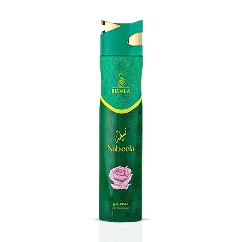 Risala Nabeela Air Freshener 300ml bottle with floral design, showcasing the product's packaging and branding.