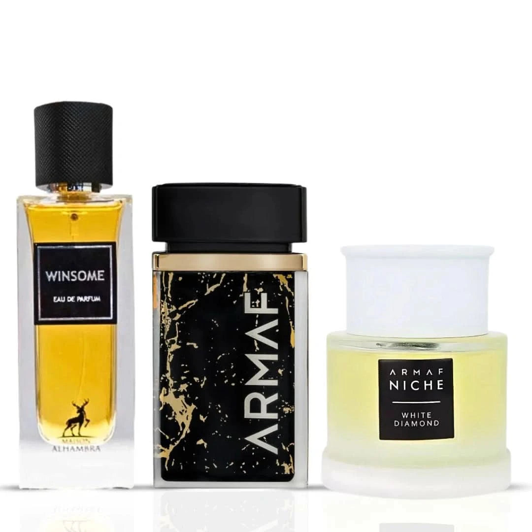 Armaf Niche White Diamond Eau de Parfum spray and Maison Alhambra Winsome perfume bundle in 100ml bottles, elegant packaging.