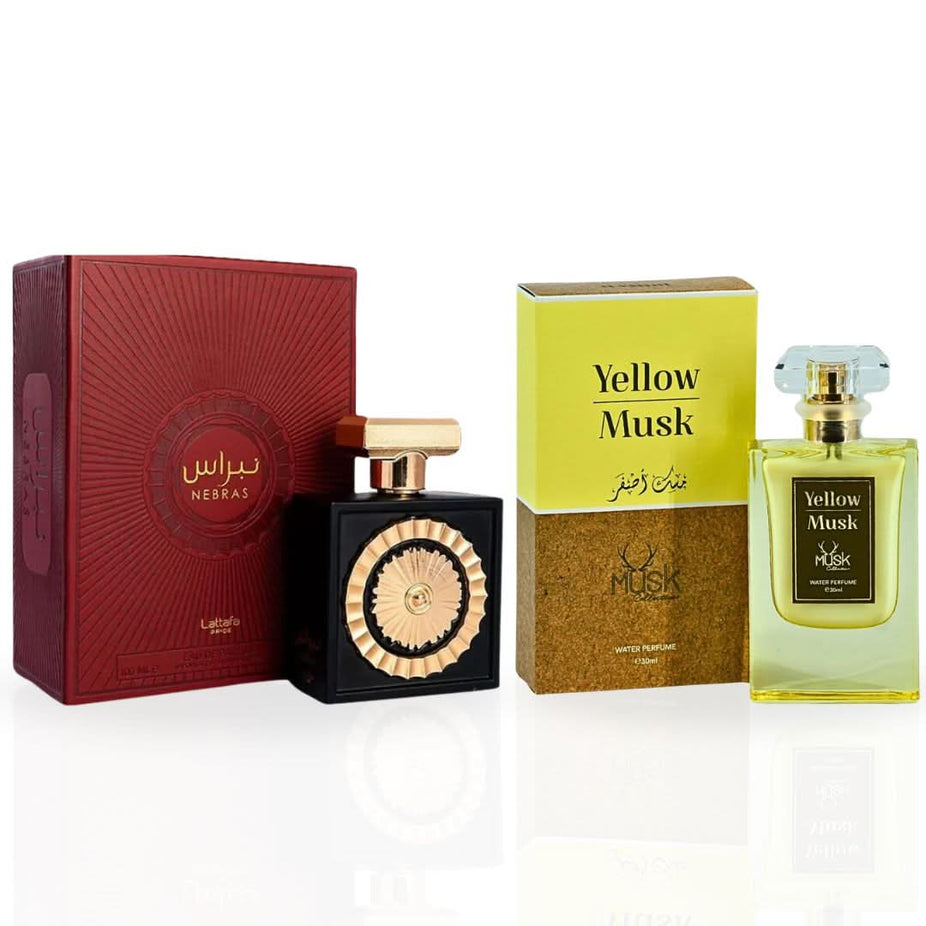 Bundle of Intense Oud Nebras Eau de Parfum spray and Yellow Musk Water perfume by Hamidi, featuring elegant bottles and branding.