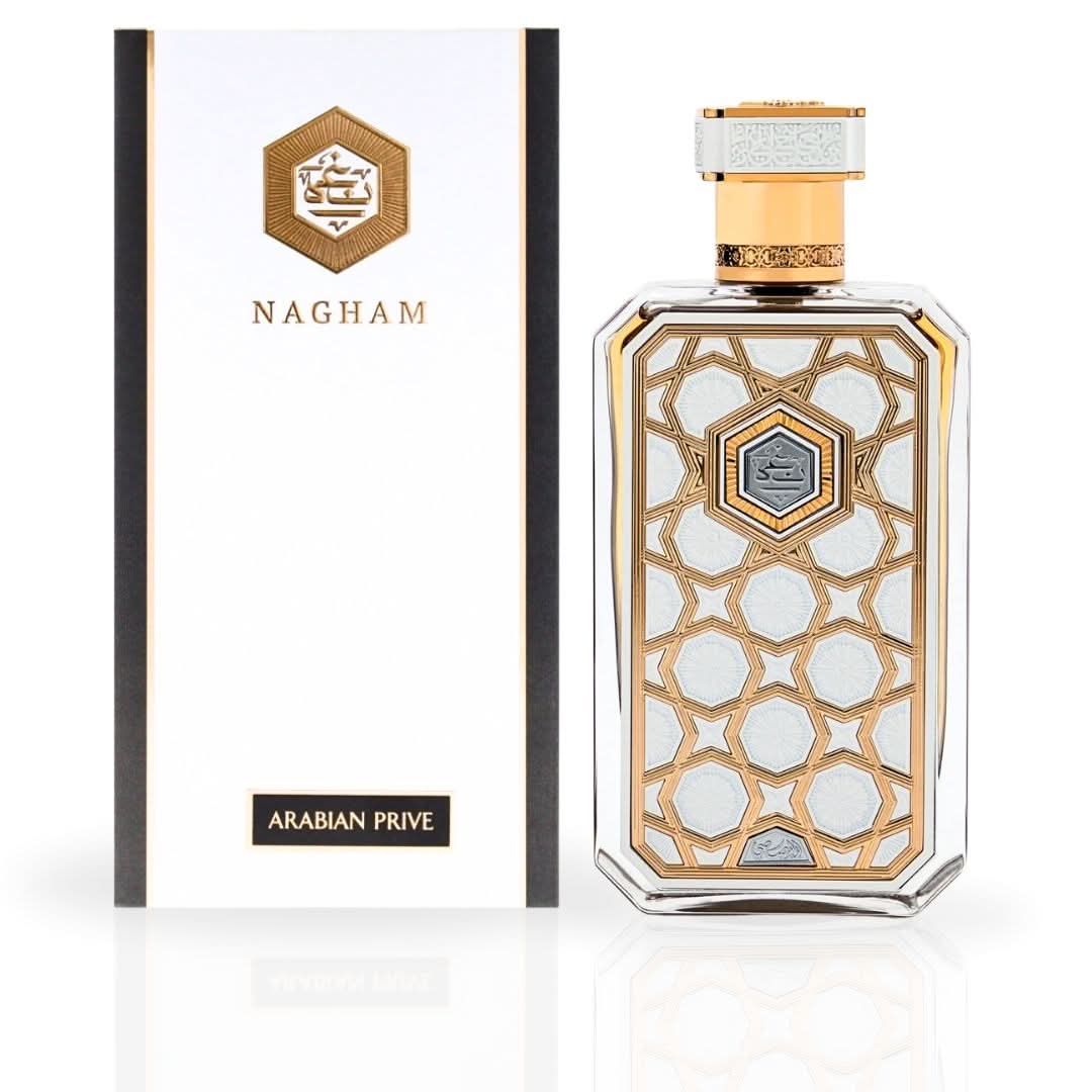 Rasasi Arabian Prive Nagham EDP spray 70ML, a luxurious long-lasting perfume bottle with elegant design.