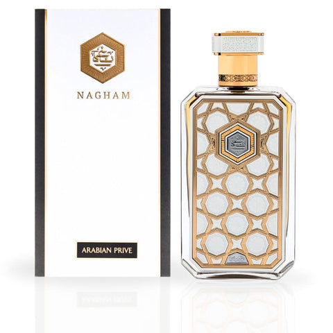 Rasasi Arabian Prive Nagham EDP spray 70ML, a luxurious long-lasting perfume bottle with elegant design.