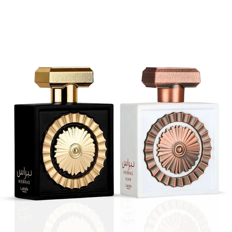 Lattafa Nebras Elixir and Nebras Eau de Parfum sprays, 100ml bundle, featuring elegant bottles with intricate designs.