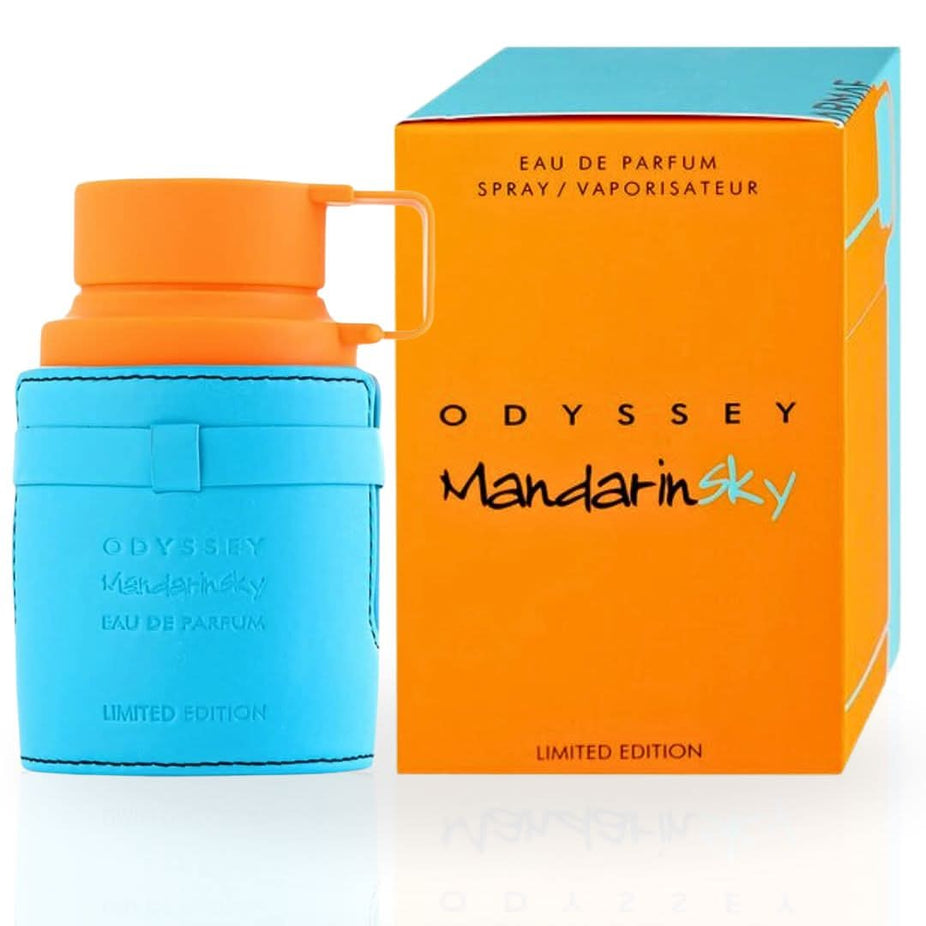 Odyssey Mandarin Sky Limited Edition Eau de Parfum spray by Armaf in a sleek 100ml bottle with vibrant orange and blue design.