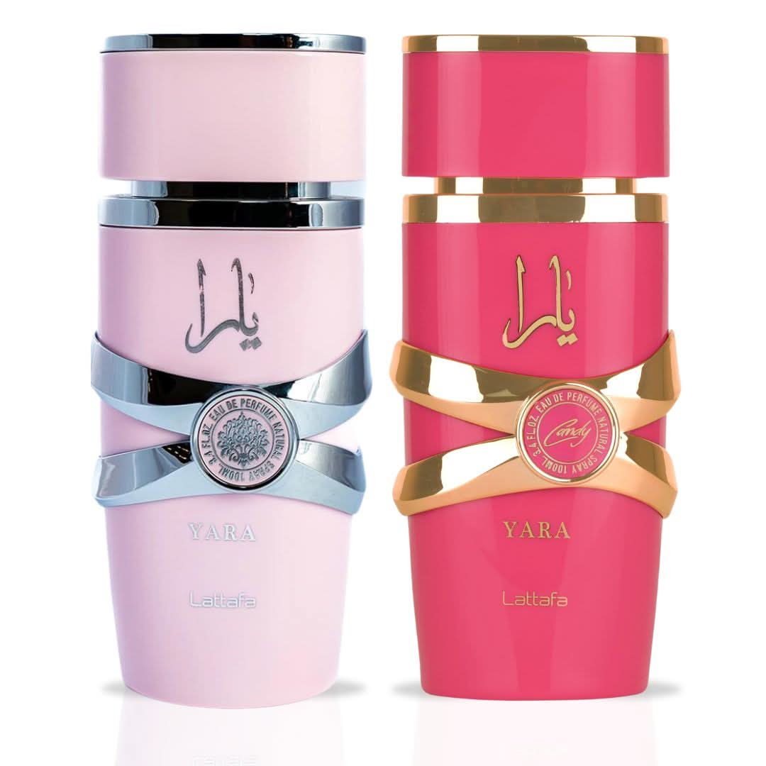 Lattafa Yara & Yara Candy Eau de Parfum bundle with two 100ml spray bottles, elegant packaging visible in the image.