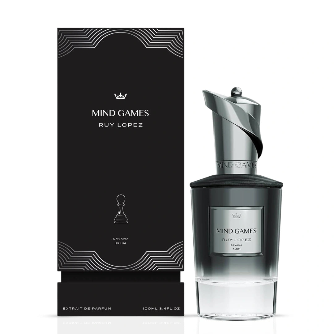 Mind Games Ruy Lopez Extrait de Parfum 100ml EDP bottle with elegant black cap and modern design, showcasing luxury fragrance packaging.