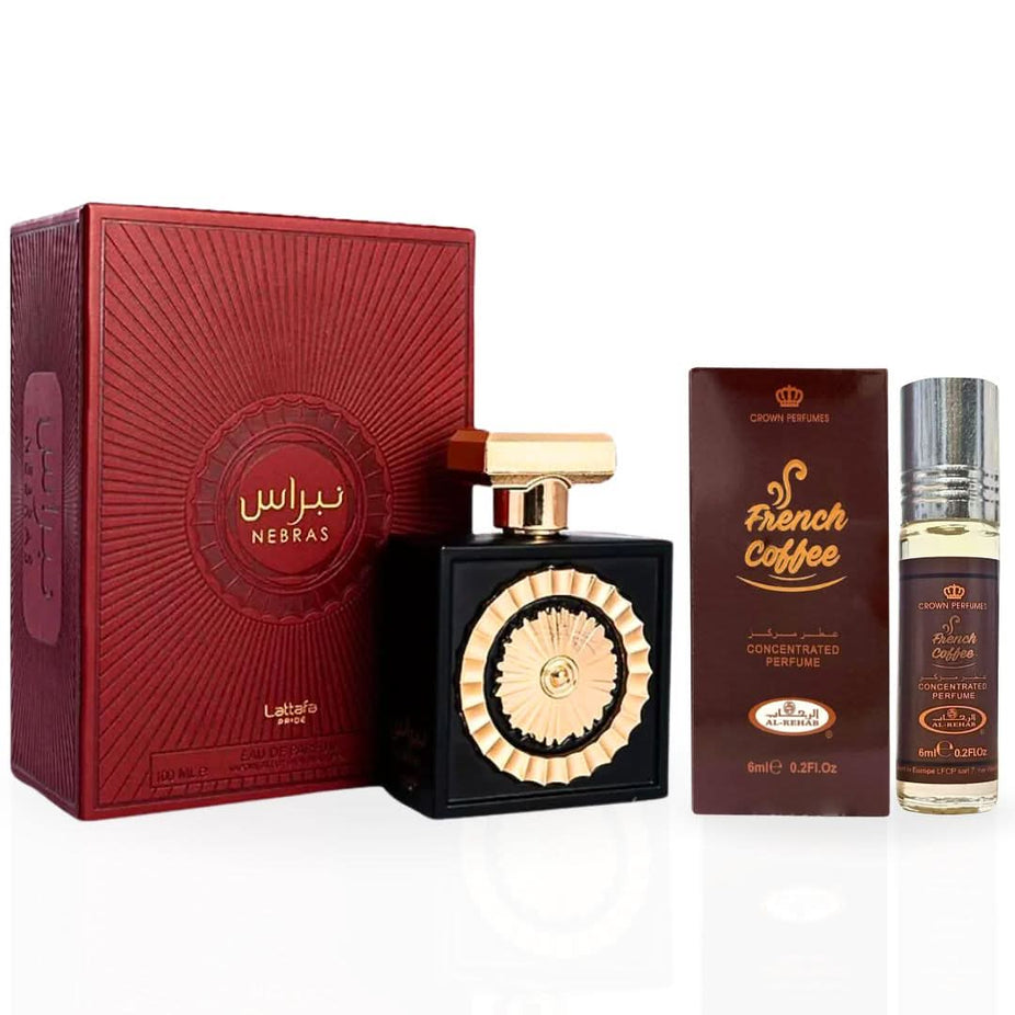 Bundle of Intense Oud Nebras Eau de Parfum spray 100ml and Al Rehab French Coffee perfume oil 6ml, featuring luxurious fragrance bottles.