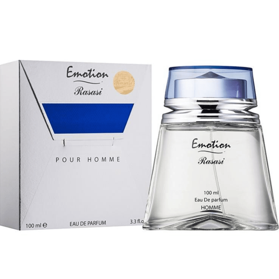 Rasasi Emotion Pour Homme Eau de Parfum spray bottle, 100ml, with sleek design and branding visible.