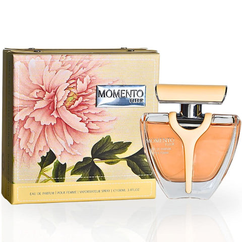 Armaf Momento Fleur EDP spray 100ML bottle with floral design and elegant packaging.