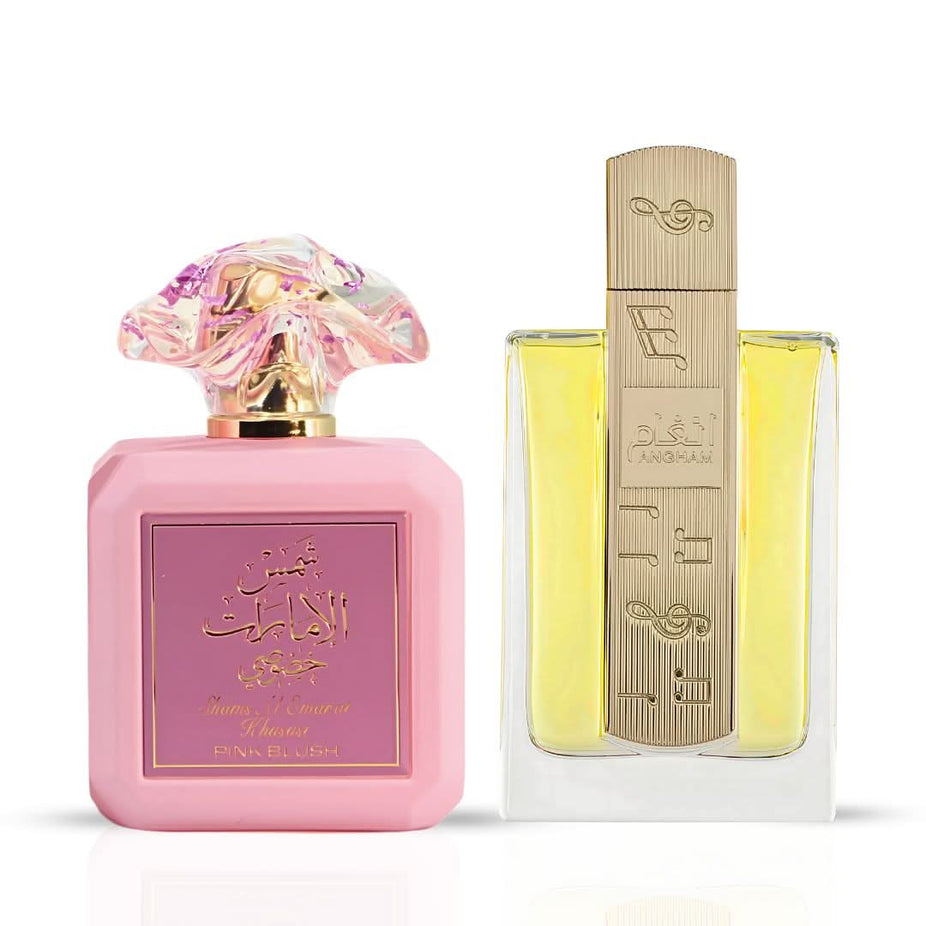 Pink Blush by Ard Al Zaafaran and Angham by Lattafa Eau de Parfum bundle, 100ml spray bottles, elegant fragrance packaging.