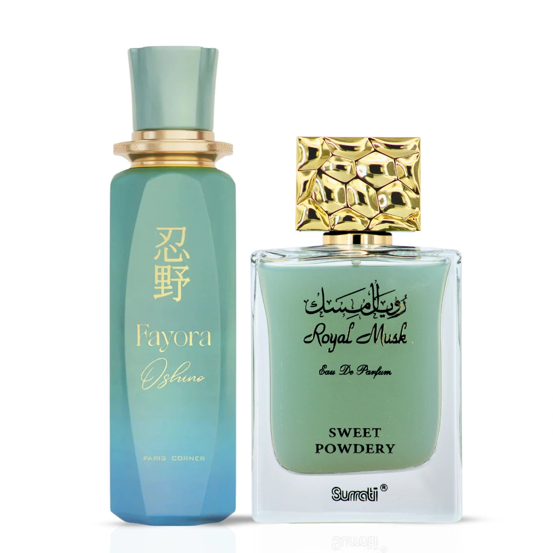 Fayora Oshino and Royal Musk Sweet Powdery Eau de Parfum sprays by Intense Oud, 100ml bottles, elegant packaging.
