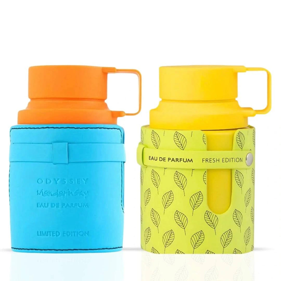 Odyssey Mandarin Sky and Limoni Eau de Parfum sprays by Armaf in 100ml bottles, featuring elegant fragrance bottles.