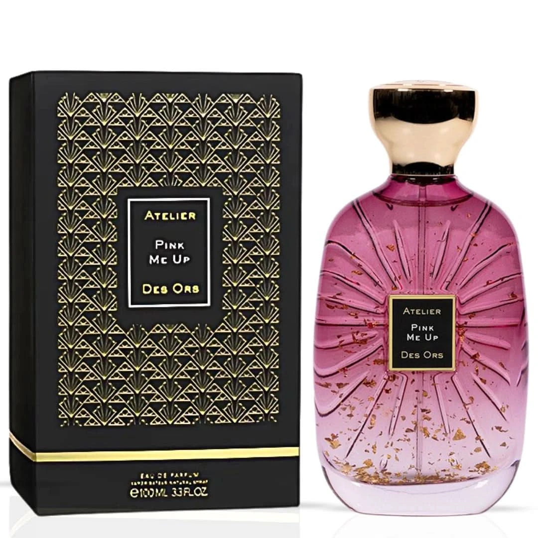 Pink Me Up Eau de Parfum spray by Atelier Des Ores, 100ml, featuring a pink bottle with elegant design and floral accents.