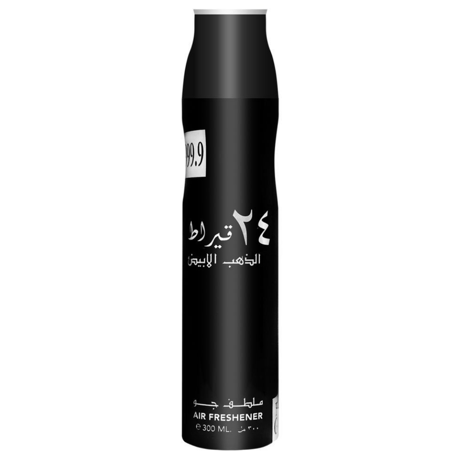 Lattafa 24 Carat White Gold air freshener bottle, 300ML, with elegant white gold packaging and spray nozzle.