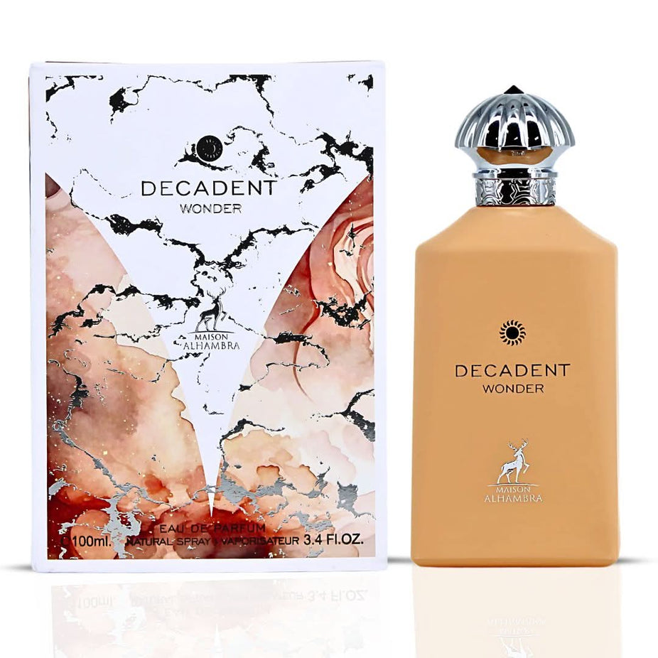 Maison Alhambra Decadent Wonder Eau de Parfum spray bottle, 100ml, with elegant packaging and floral fragrance details.