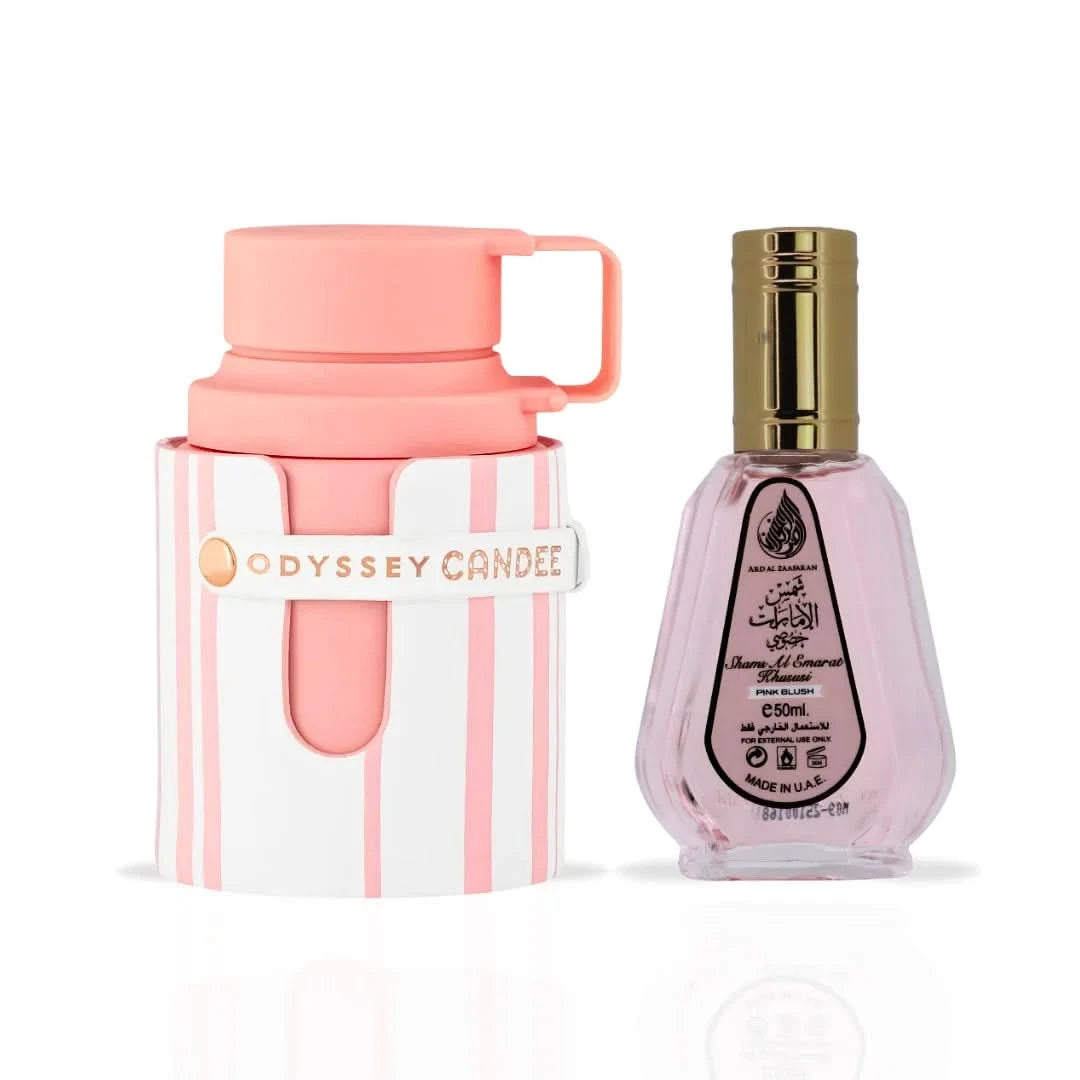 Odyssey Candee Special Edition and Pink Blush Shams Al Emarat fragrances by Intense Oud, perfume spray bottles in a bundle.