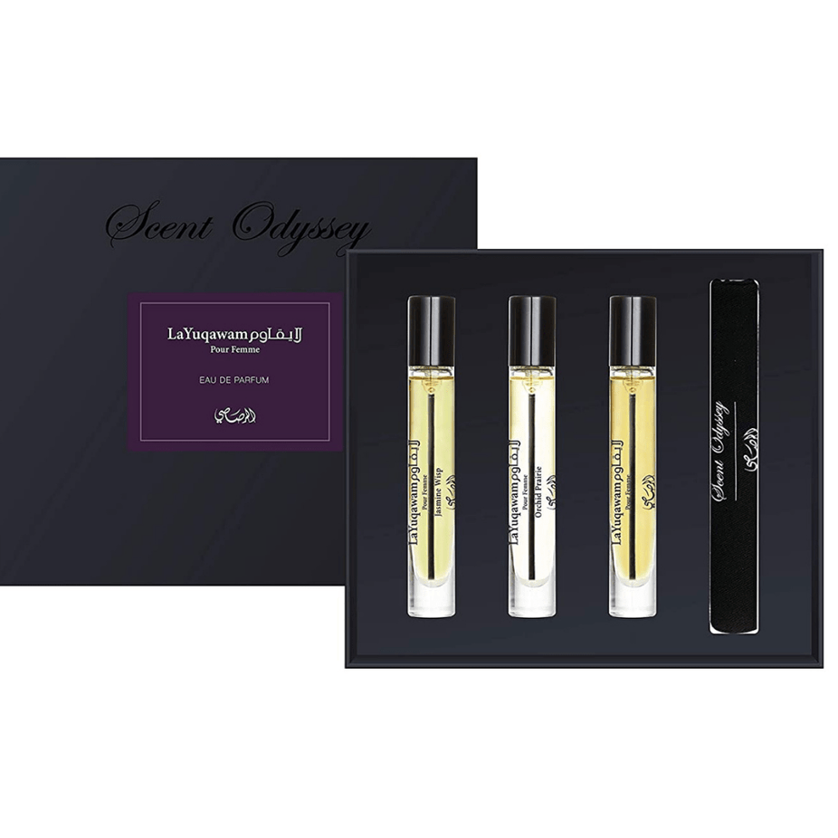 Set of three Rasasi Scent Odyssey La Yuqawam pour Femme perfume 7.5ML bottles in elegant packaging.
