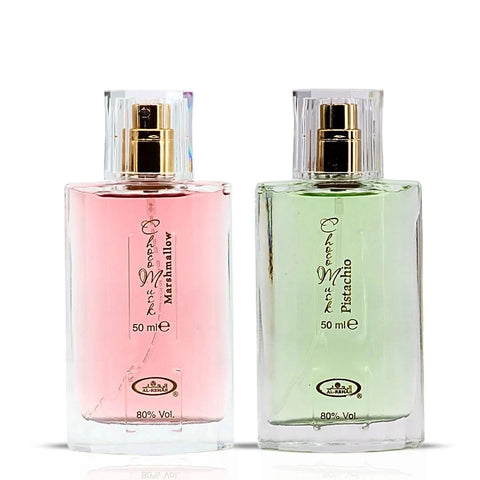 Al Rehab Choco Musk Marshmallow and Pistachio Eau De Parfum bundle featuring two 50ml sprays with rich, gourmand scent profiles.