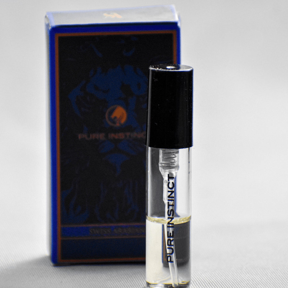 Swiss Arabian Pure Instinct EDP sample for men, 1ml spray vial, showcasing the fragrance bottle and sample packaging.