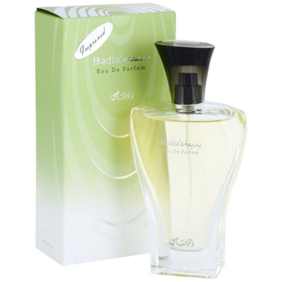 Rasasi Badia'a for Women EDP 100ml perfume bottle with elegant design, showcasing the Eau De Parfum fragrance.