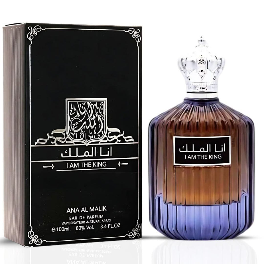I Am the King EDP for Men by Ard Al Zaafaran, 100mL bottle, featuring sleek packaging and the perfume bottle on a neutral background.
