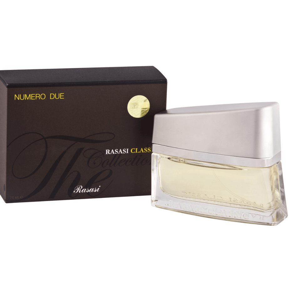 Rasasi Numero Due for Men Eau De Parfum 75ML bottle, sleek design, showcasing the men's fragrance packaging.