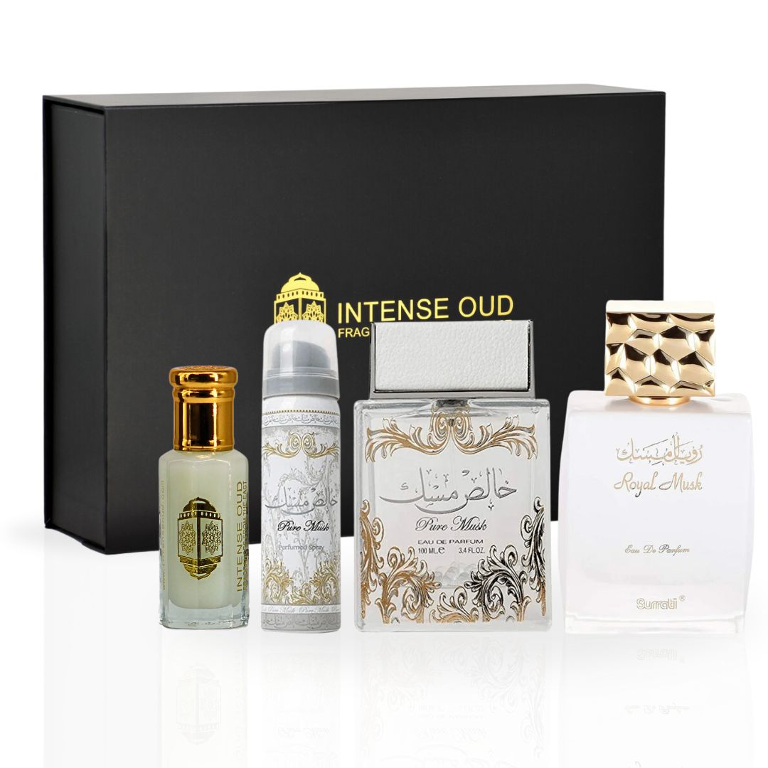 Royal Musk EDP 100ML (3.4 OZ) By Surrati, Pure Musk With DEO EDP Spray 100ML (3.4 OZ) By Lattafa & Musk Tahara Oil 12ML(0.40 OZ) By Intense Oud With Magnetic Gift Box | Enhance Charm With Every Spray. - Intense Oud