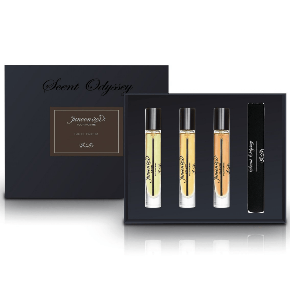 Rasasi Scent Odyssey Junoon pour Homme perfume gift set with three 7.5ML bottles, stylish packaging, and sleek design.