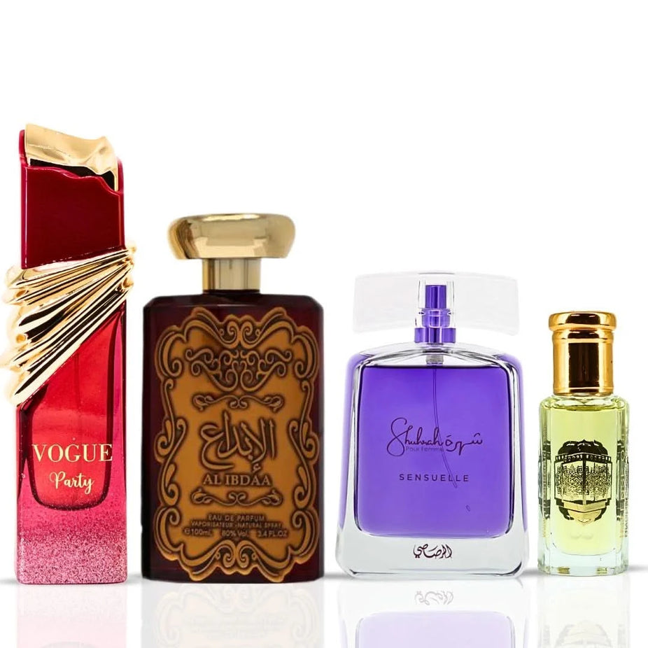 Bundle of four perfume products including Vogue Party, Al Ibdaa Gold, Shuhrah Sensuelle sprays, and Rouje perfume oil by Intense Oud.