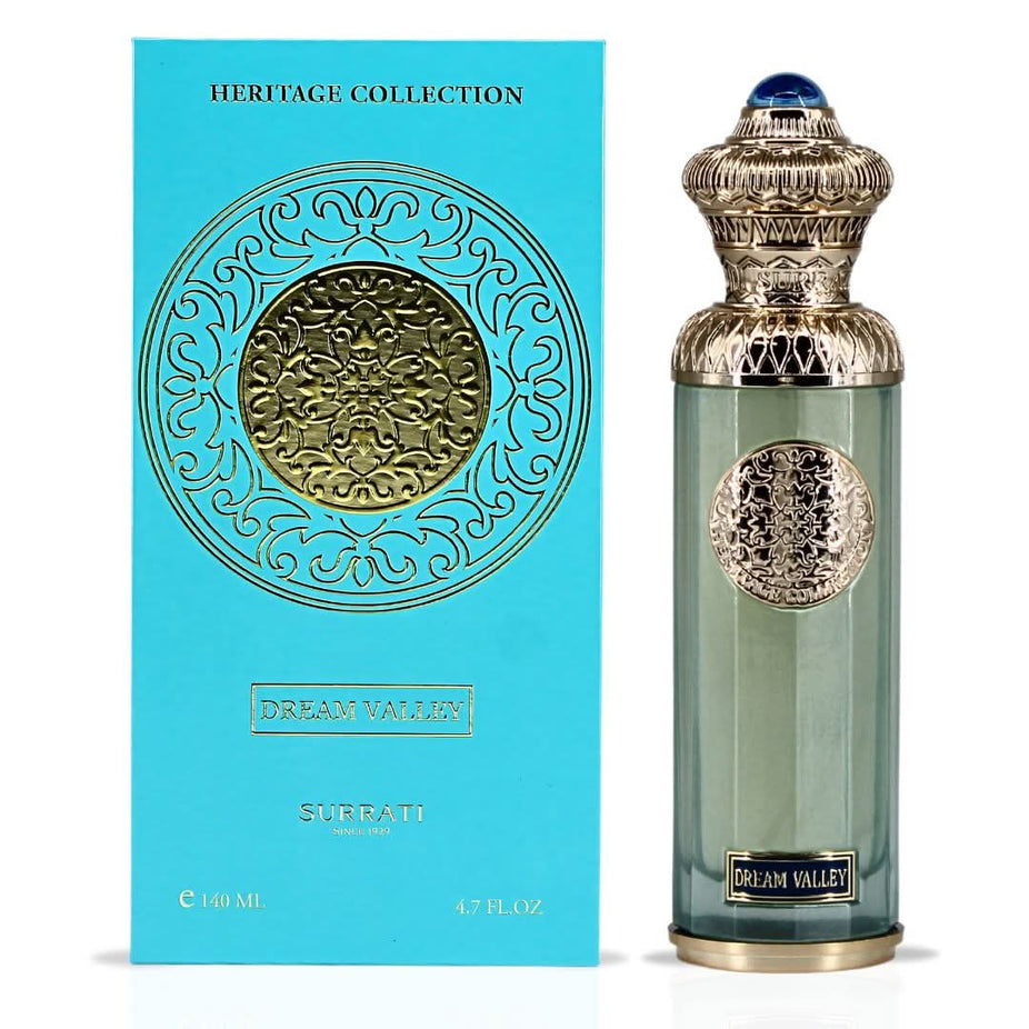 Surrati Dream Valley Eau de Parfum spray 140ml bottle with elegant floral design and gold accents.