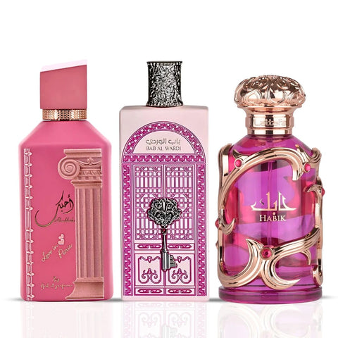 Ahubbak Love in Paris & Bab al Wardi by Ard Al Zaafaran & Habik Women by Lattafa - Eau de Parfum Sprays 100ml (3.4 oz) (Mary's Pink Bundle) - Intense Oud