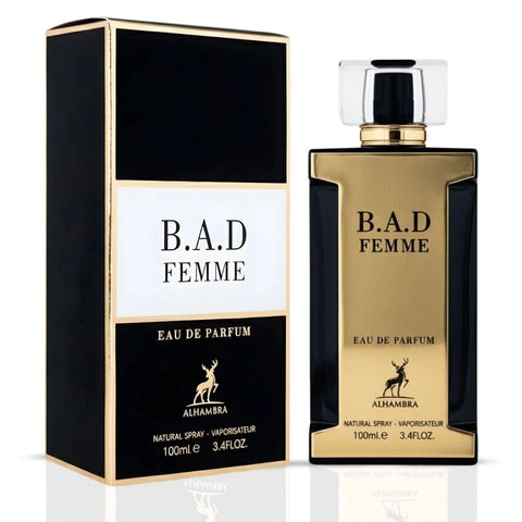 Maison Alhambra B.A.D. Femme Eau de Parfum spray bottle, 100ml, with elegant packaging and floral perfume design.