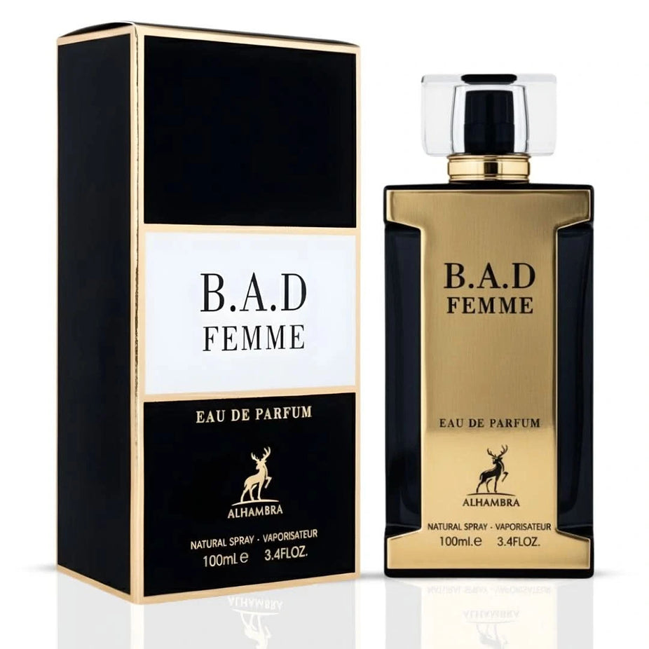 Maison Alhambra B.A.D. Femme Eau de Parfum spray bottle, 100ml, with elegant packaging and floral accents visible.