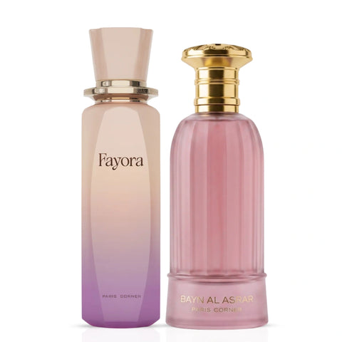 Paris Corner Bayn Al Asrar & Fayora Eau de Parfum spray bundle, 80ml bottles, elegant perfume packaging and design.