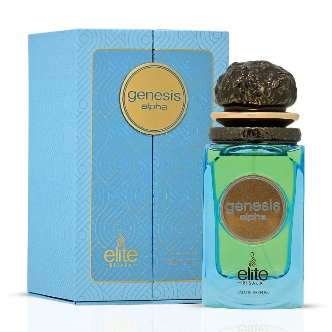 Elite Risala Genesis Alpha Eau de Parfum spray 100ml bottle showcasing sleek design and elegant packaging.