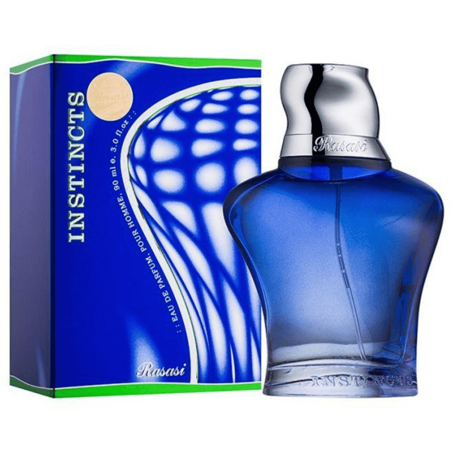 Rasasi Instincts for Men Eau De Parfum 90 ML bottle with sleek black packaging and silver accents.