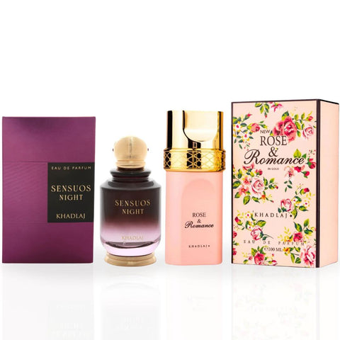 Khadlaj Rose & Romance Gold and Sensuous Night Eau de Parfum spray bundle in 100ml bottles, featuring elegant fragrance bottles.