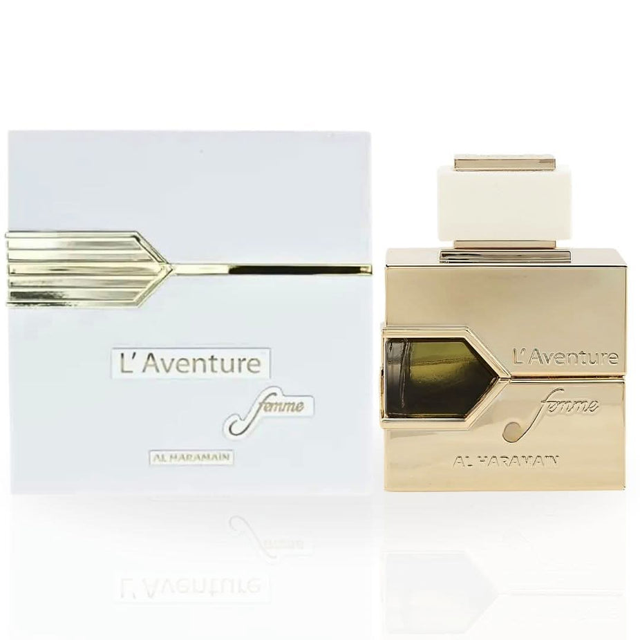 L'Aventure Femme Eau de Parfum spray by Al Haramain, 100ml bottle with elegant packaging and floral design.