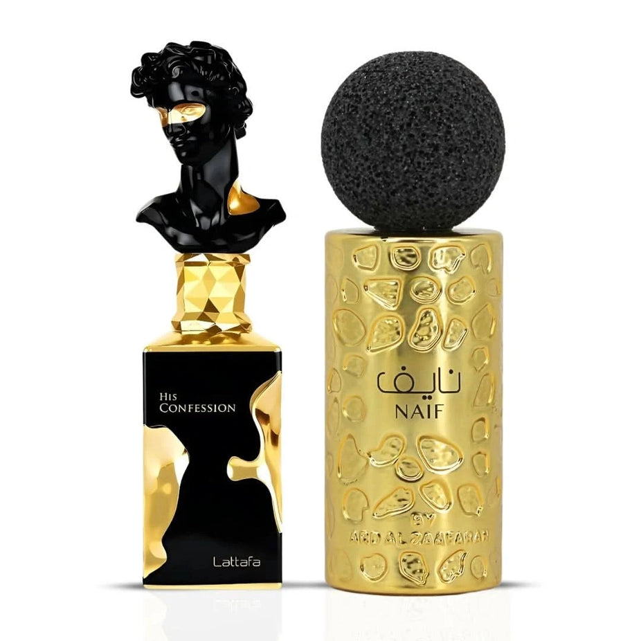 Lattafa His Confession and Naif Ard Al Zaafaran Eau de Parfum bundle, 100ml spray bottles, elegant packaging visible.